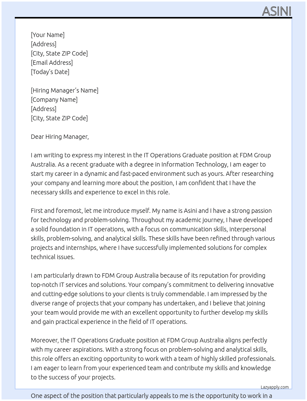 Cover letter for it operations graduate - LazyApply