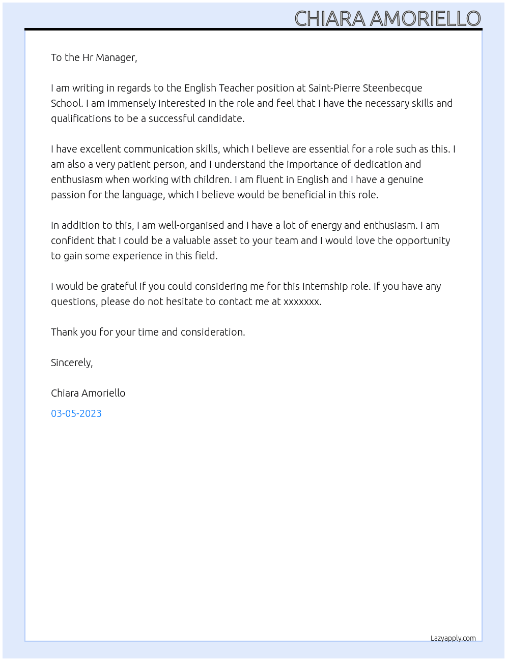 English Teacher At Saint-Pierre Steenbecque School Cover Letter