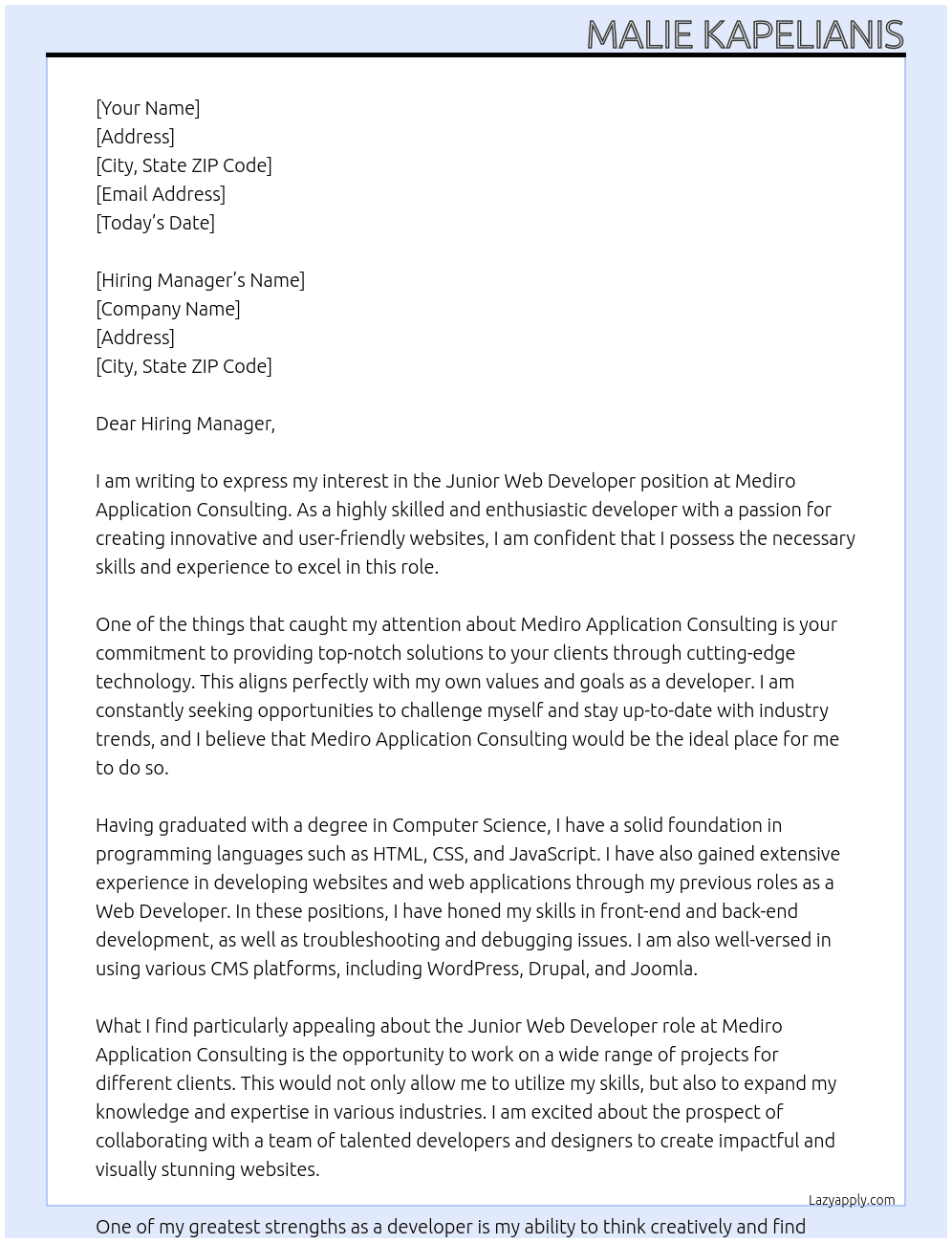 Junior Web Developer  At Mediro Application Consulting Cover Letter