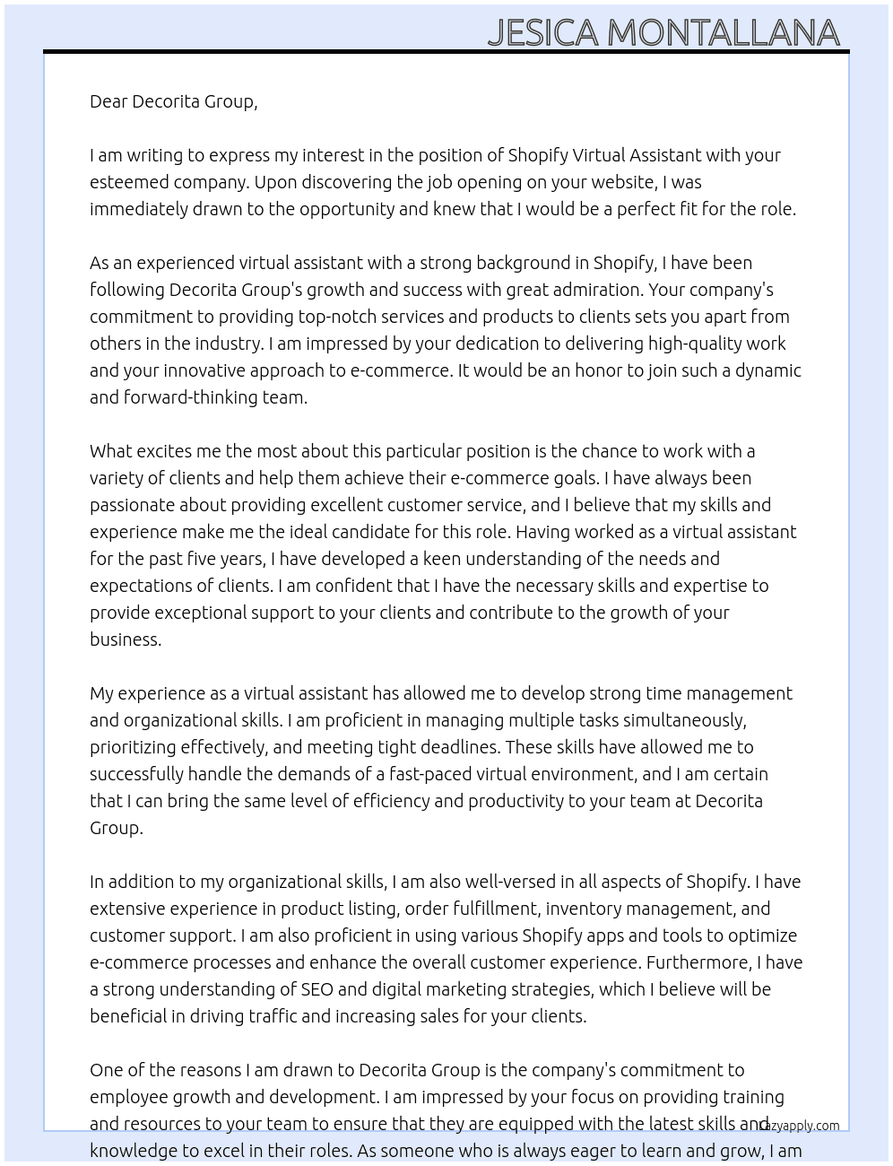 Shopify Virtual Assistant At Decorita Group Cover Letter