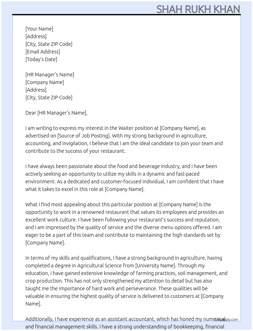 Waiter At Resturant Cover Letter