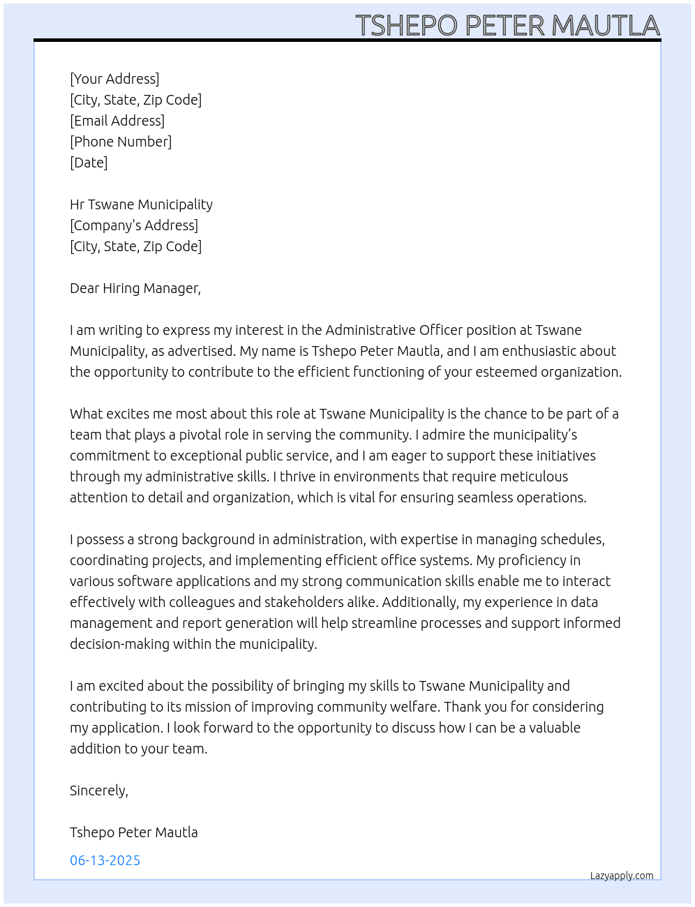 Administrative Officer  At Tswane municipality  Cover Letter