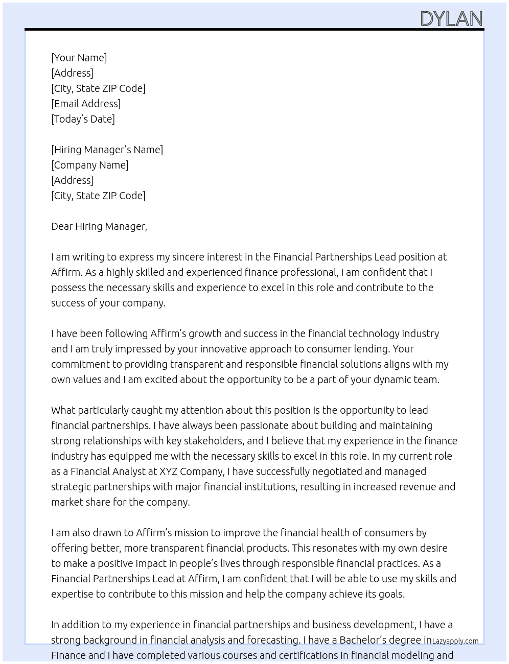 financial partnerships lead At Affirm Cover Letter
