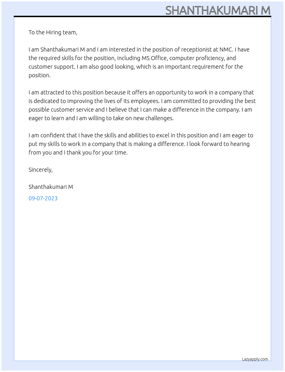 Receptionist At NMC Cover Letter