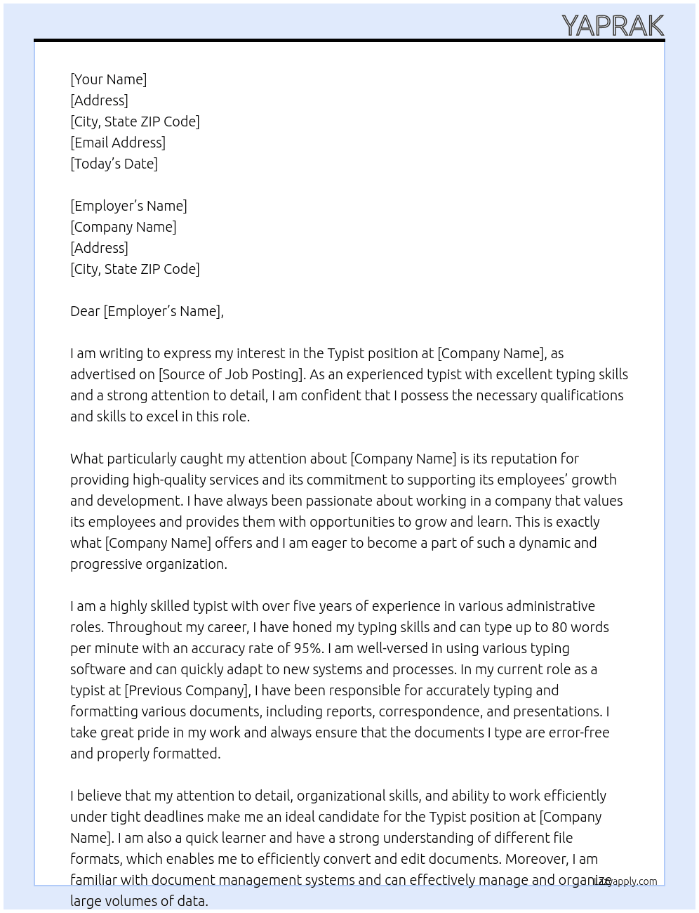typist At typist Cover Letter