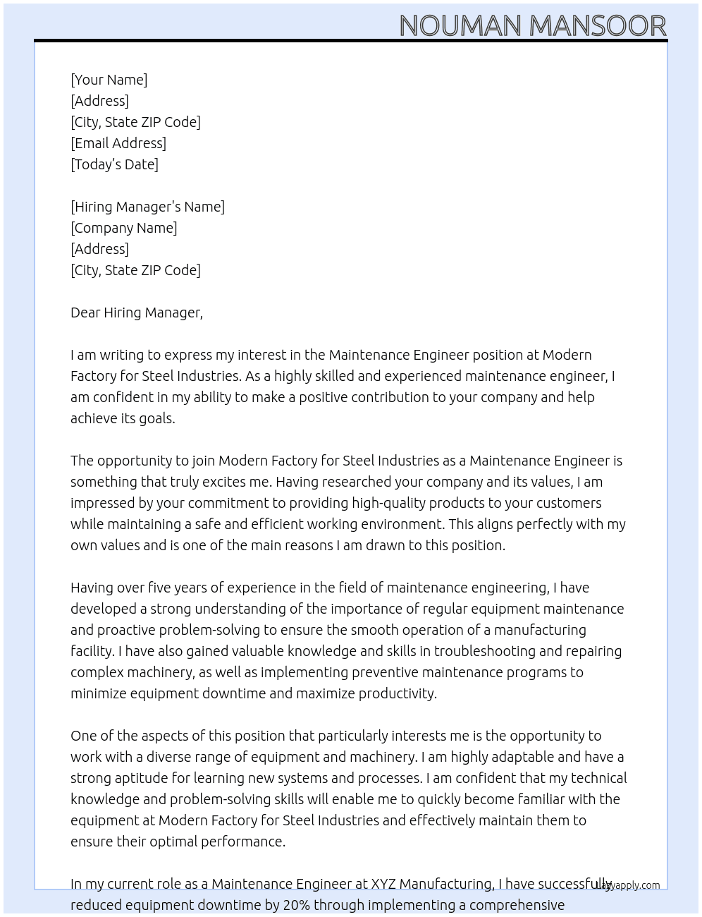 Maintenance Engineer At Modern Factory for Steel Industries Cover Letter