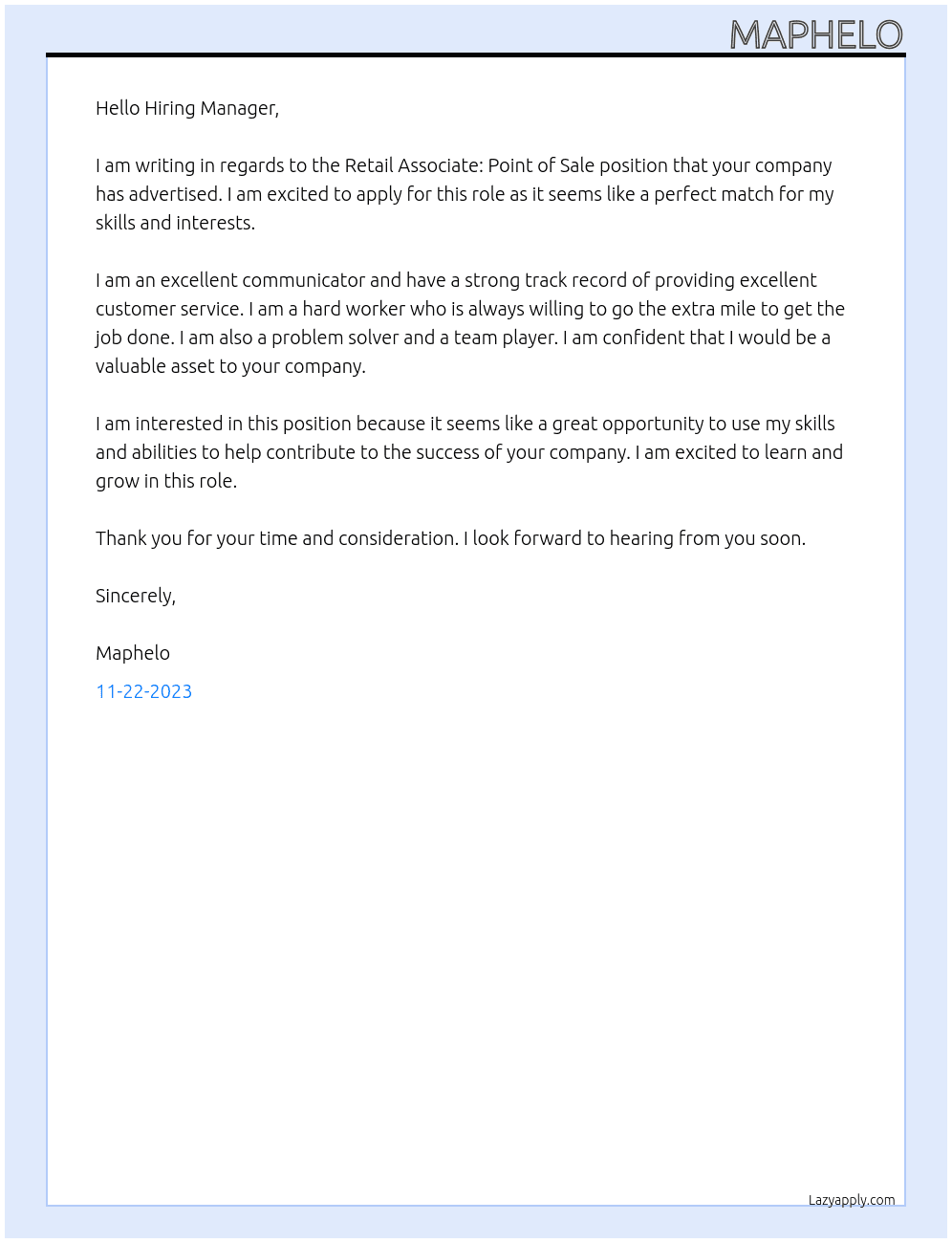Retail Associate: Point of Sale At Retail Company Cover Letter