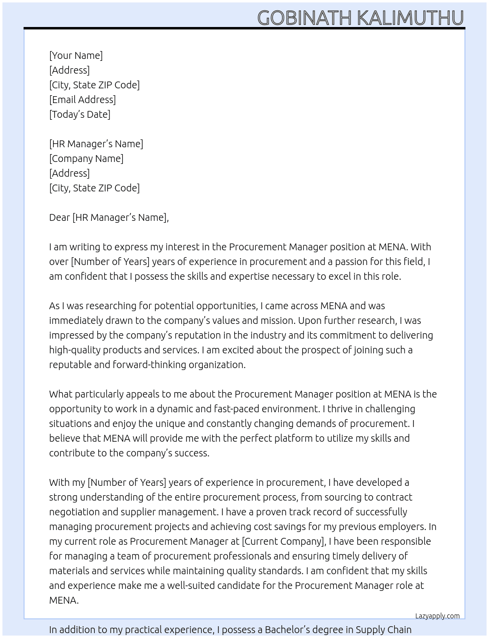 PROCUREMENT MANAGER At MENA Cover Letter
