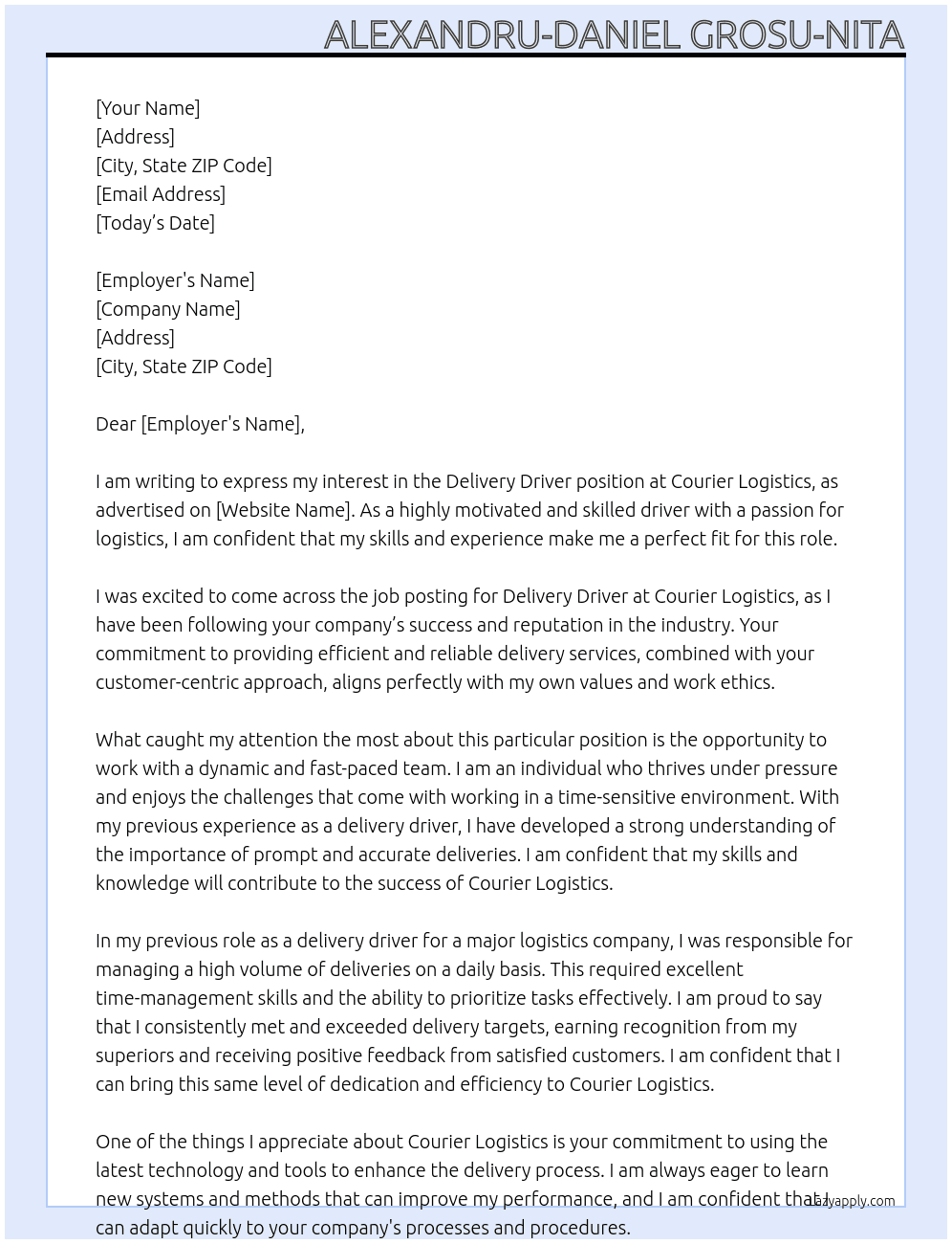 Delivery driver  At Courier logistics  Cover Letter