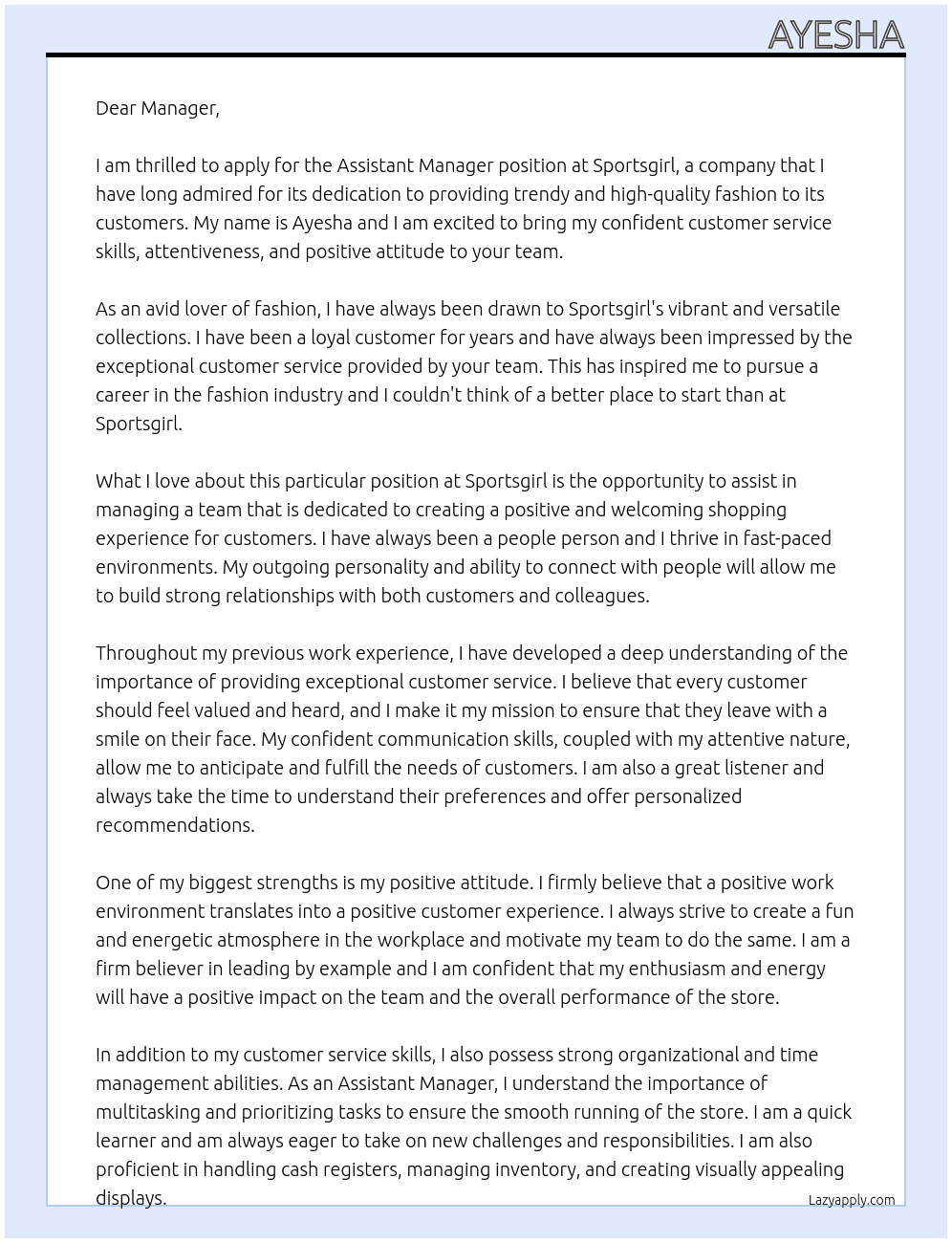 Assistant manager At Sportsgirl Cover Letter
