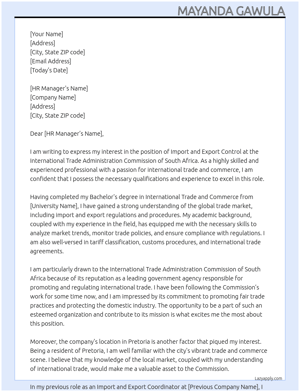 IMPORT AND EXPORT CONTROL At International Trade Administration Commission of South Africa Cover Letter