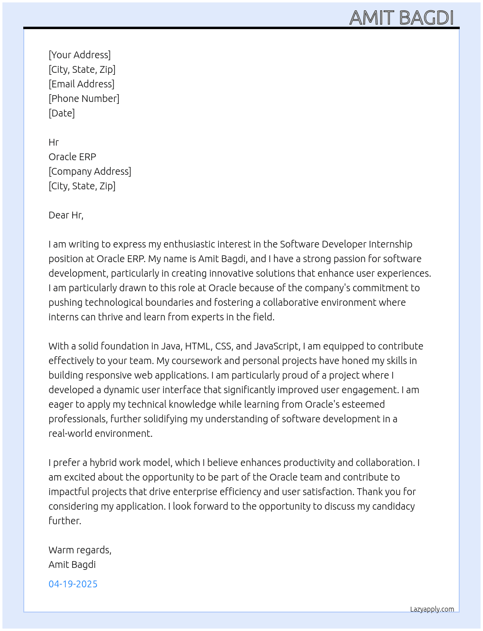 Software developer  At Oracle ERP Cover Letter