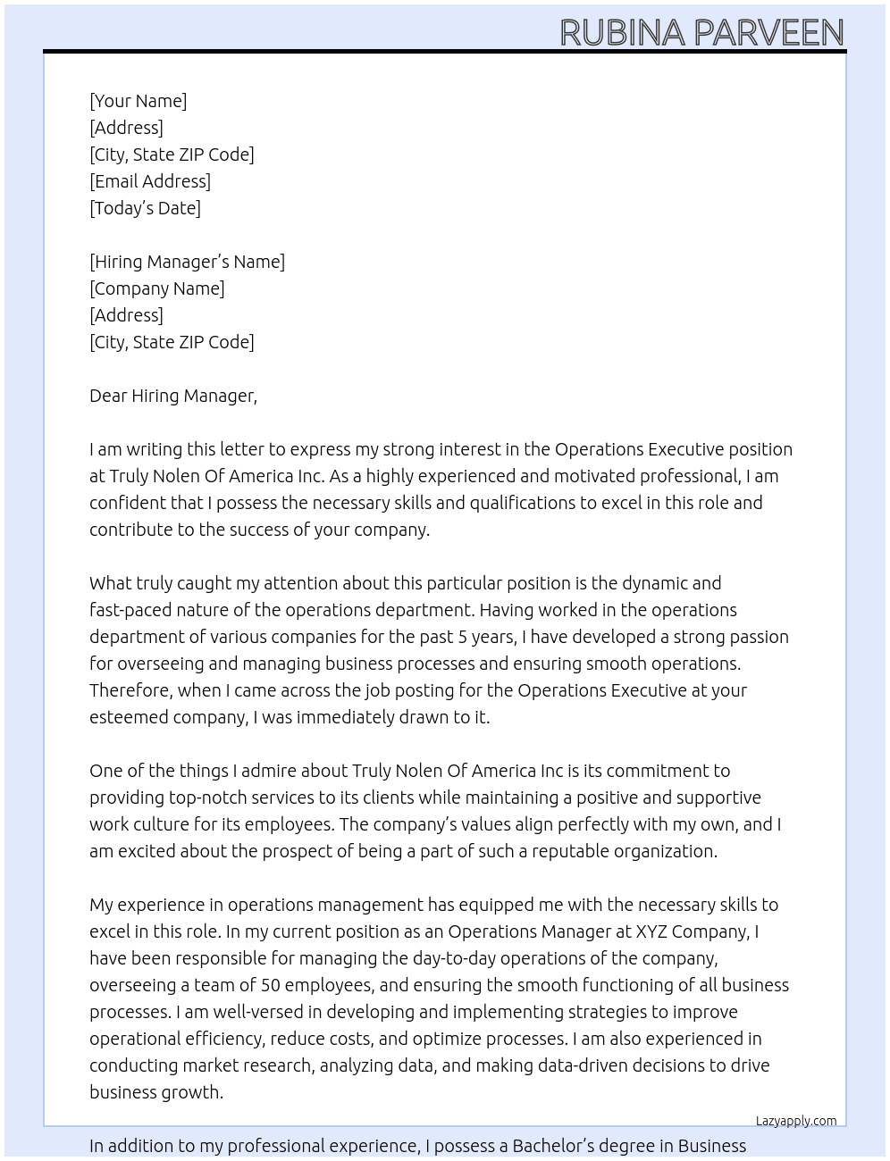 Operations Executives At Truly Nolen Of America Inc Cover Letter