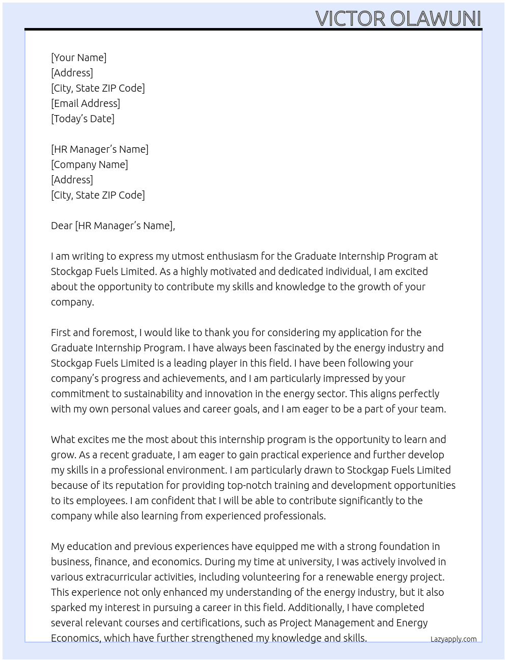 GRADUATE INTERNSHIP PROGRAM At Stockgap Fuels Limited Cover Letter