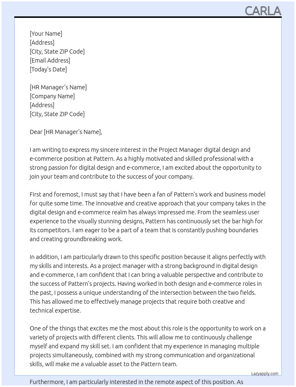 Project Manager digital design and e commerce At Pattern Cover Letter