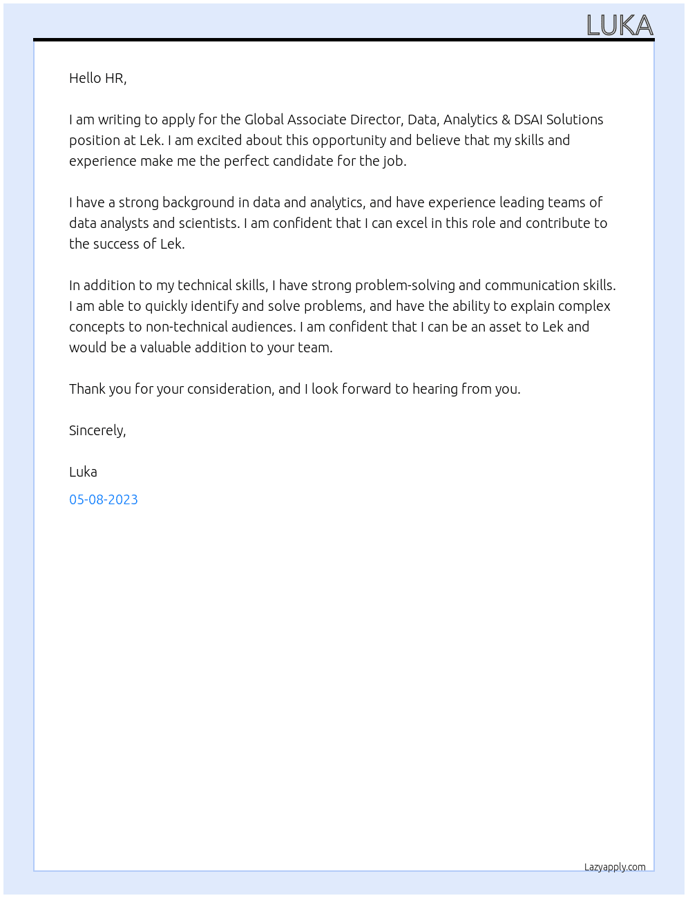Global Associate Director, Data, Analytics & DSAI Solutions At Lek Cover Letter