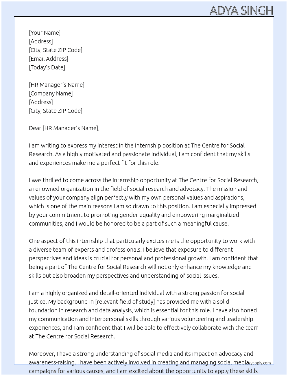 Internship At The Centre for Social Research Cover Letter