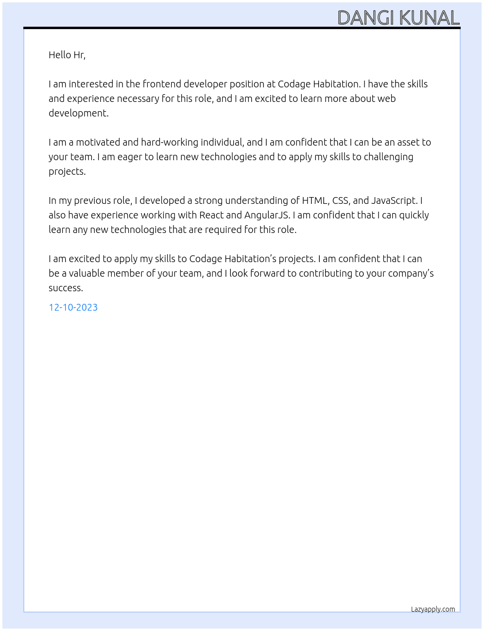 frontend developer At Codage Habitation Cover Letter