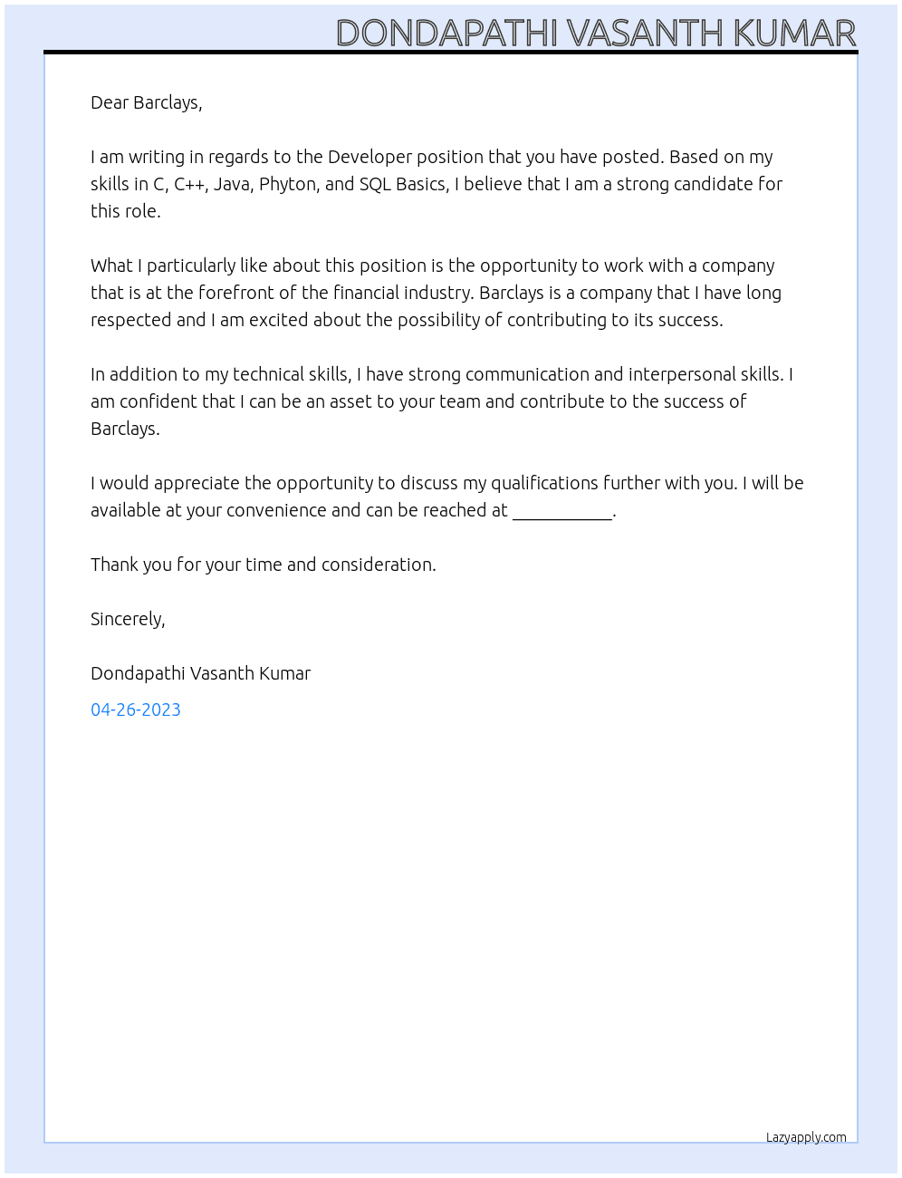 DEVELOPER At BARCLAYS Cover Letter