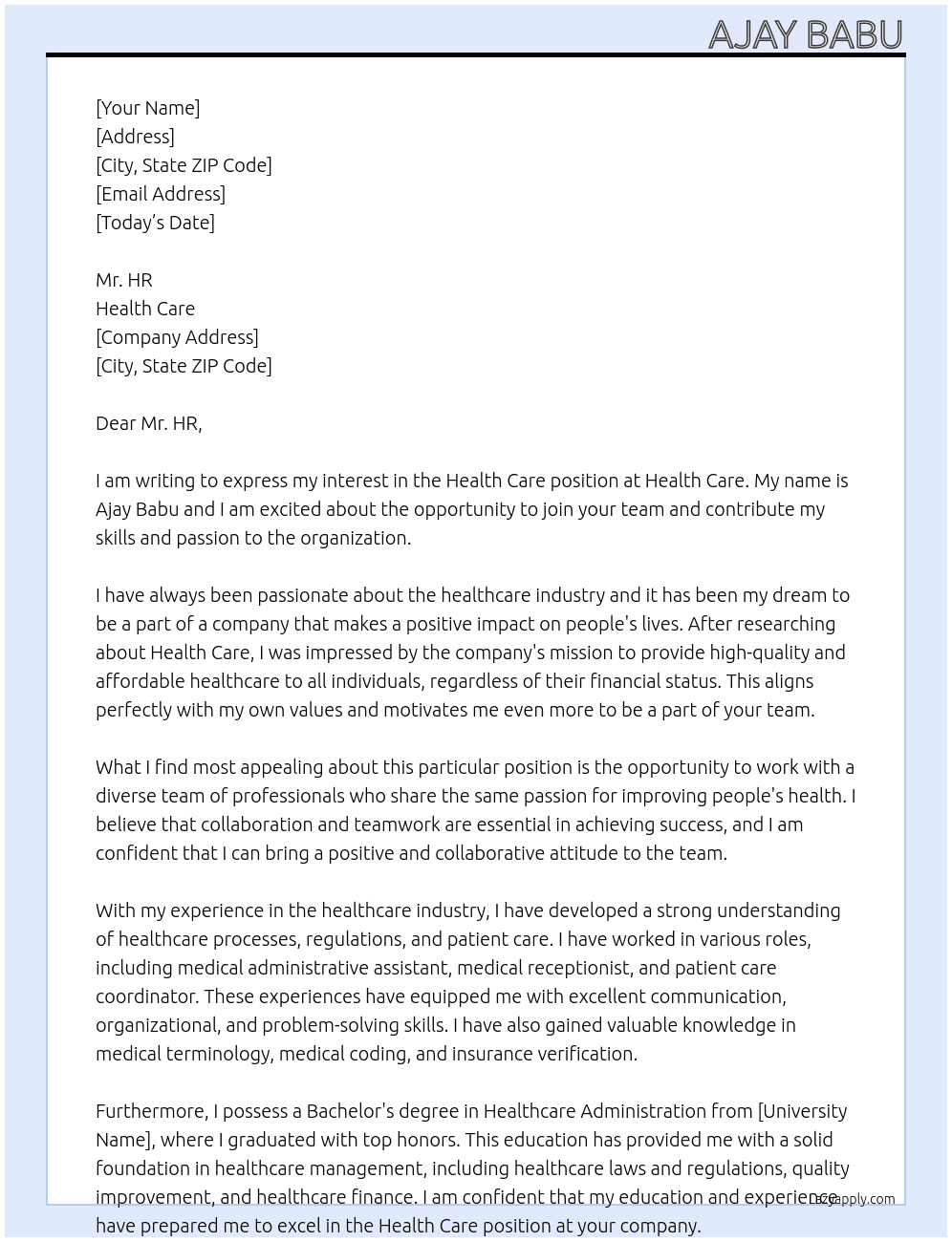 HEALTH CARE At HEALTH CARE Cover Letter