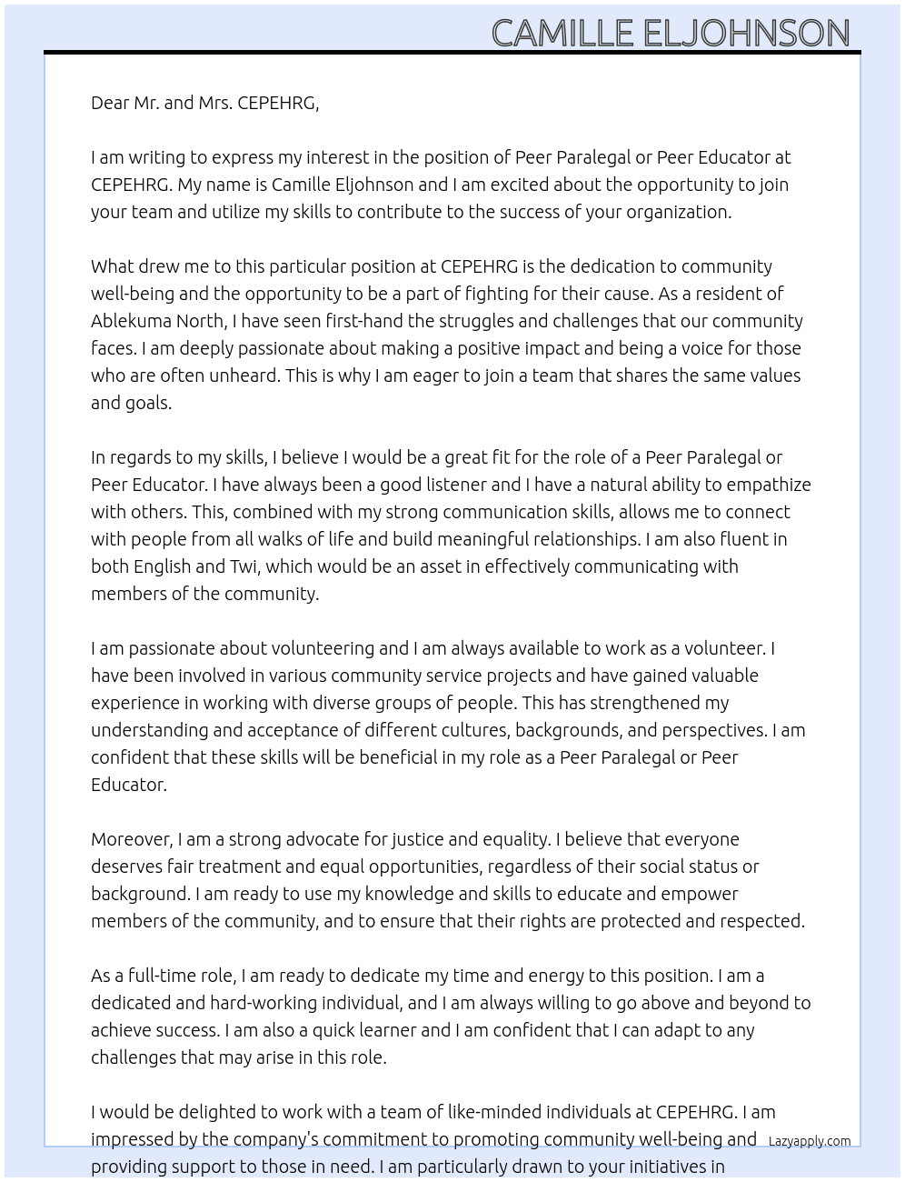 PEER PARALEGALS Or PEER EDUCATOR  At CEPEHRG  Cover Letter