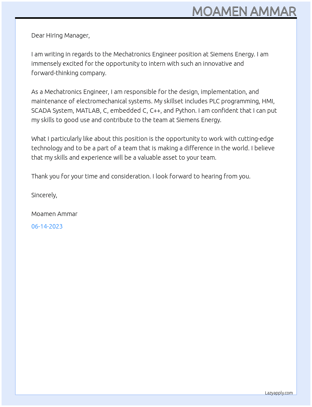 Mechatronics engineer At Siemens energy Cover Letter