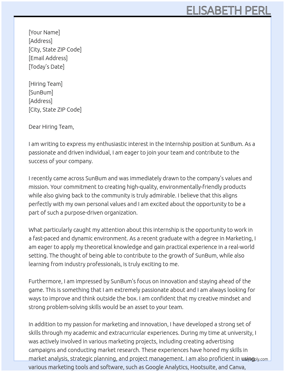 Internship At SunBum Cover Letter