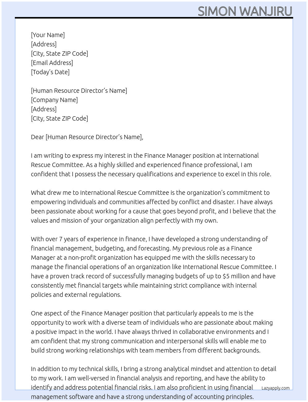 Finance Manager At International Rescue Committee Cover Letter