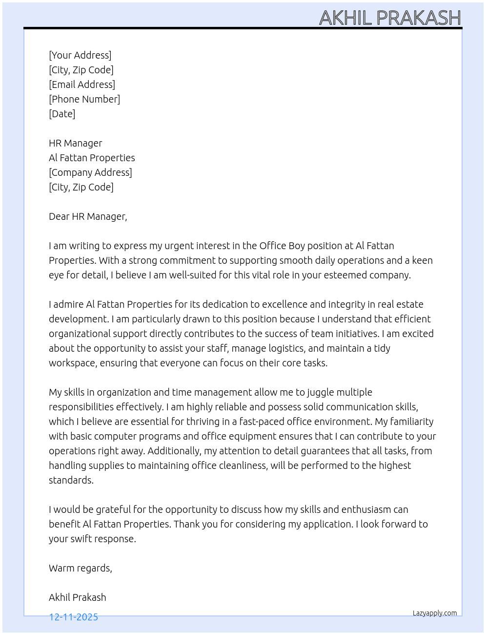 OFFICE BOY At Al Fattan Properties Cover Letter