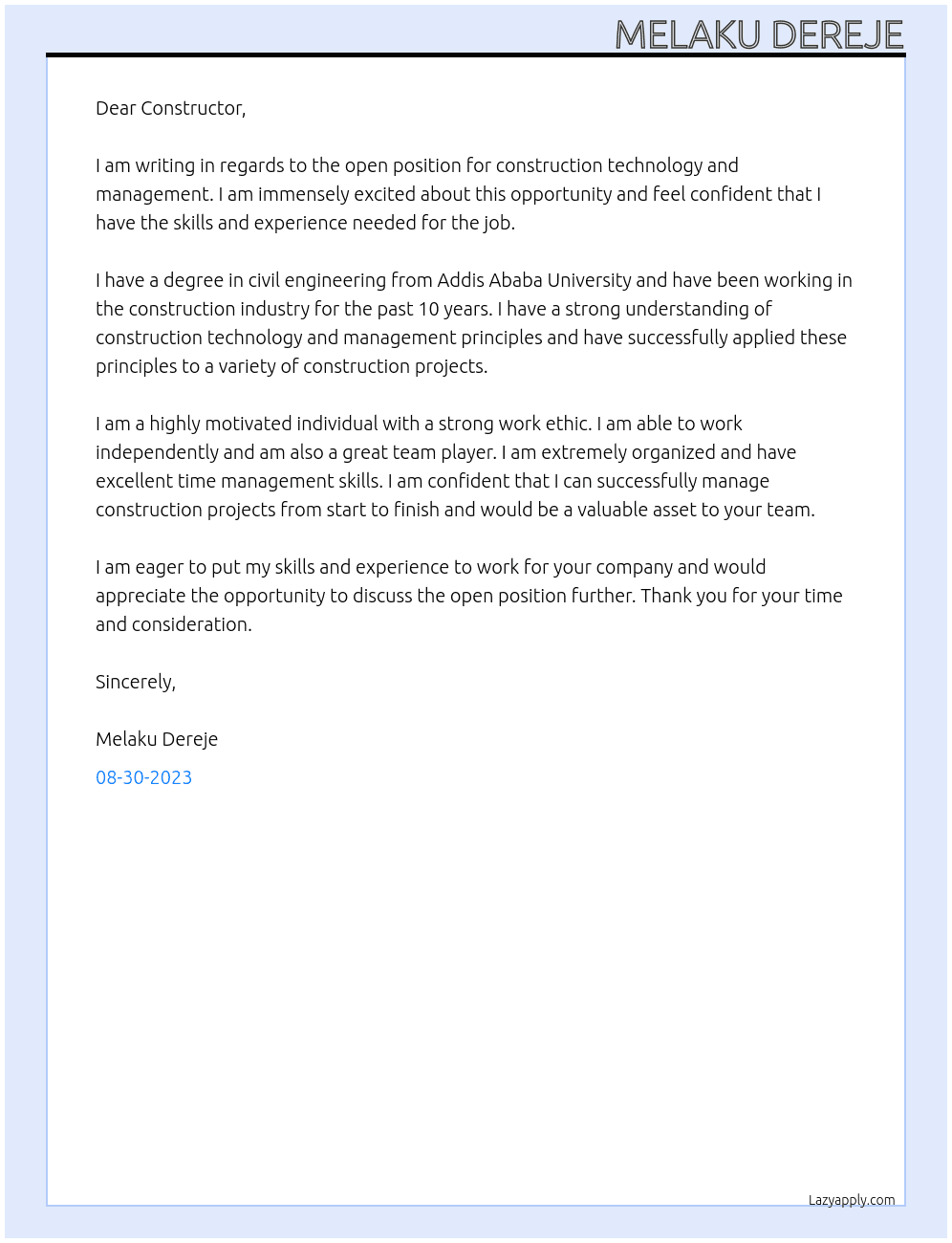 Construction technology and management At Contructor Cover Letter