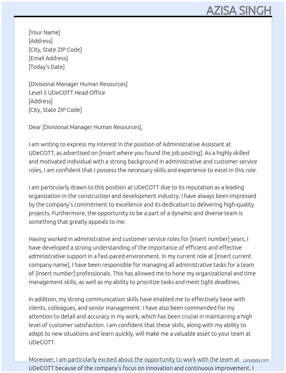 Administrative  Assistant  At Udecott  Cover Letter