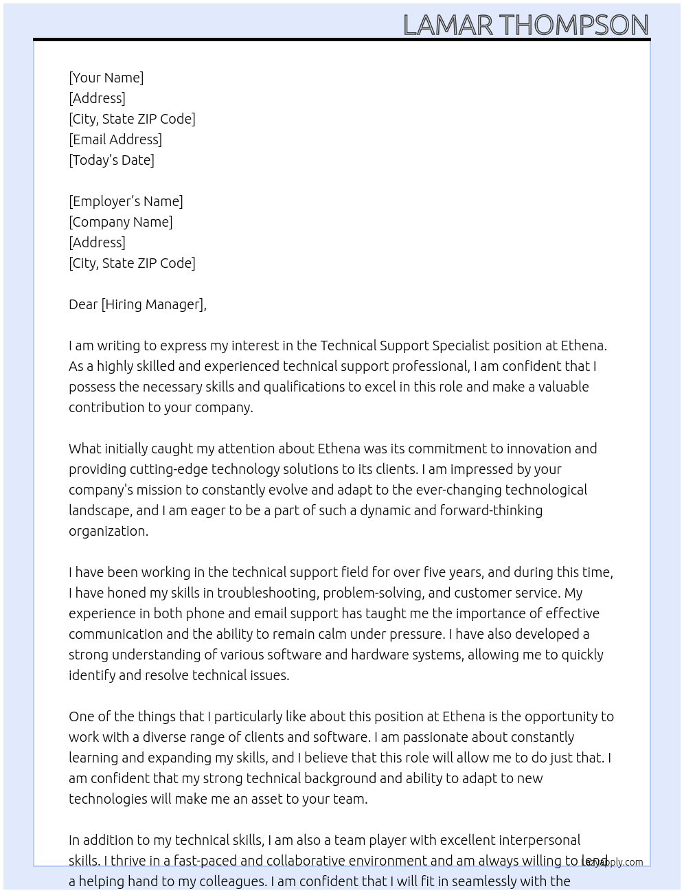 Technical Support Specialist At ethena Cover Letter