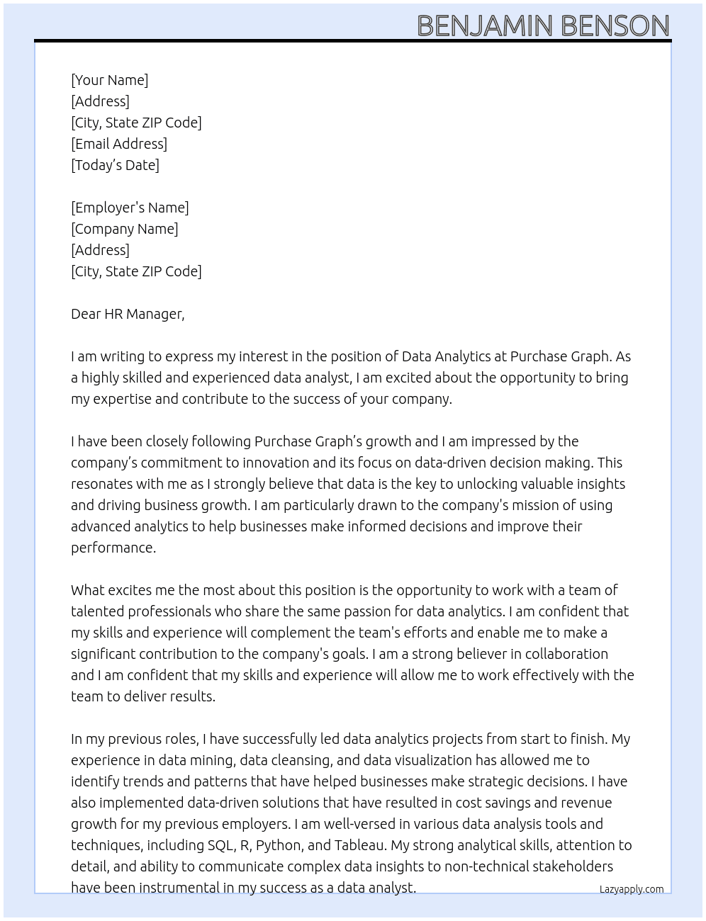 Data anaytics At purchase graph Cover Letter