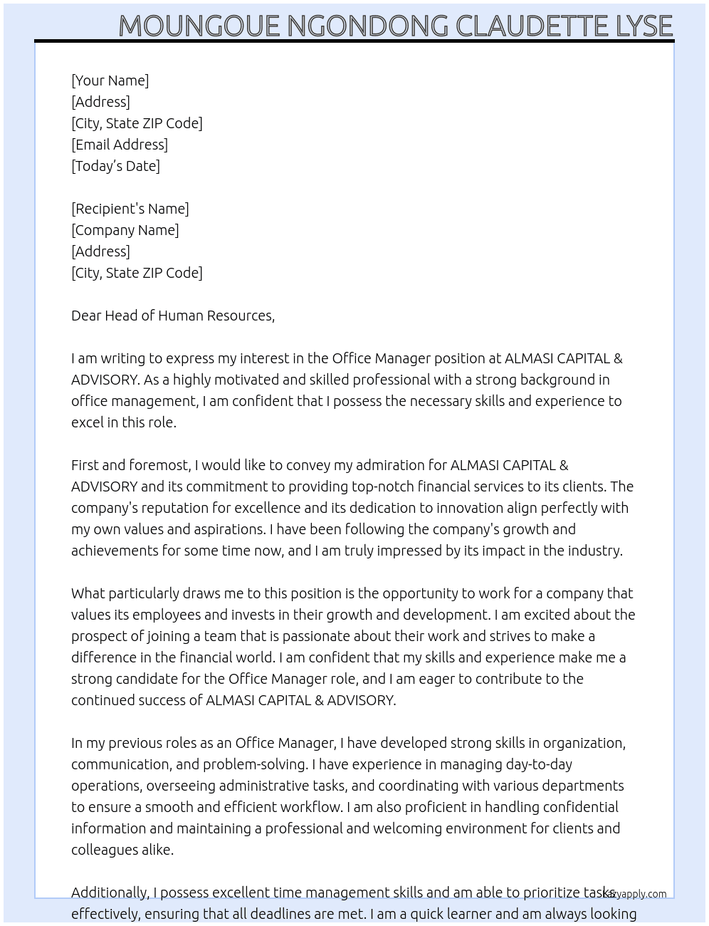 Office Manager  At ALMASI CAPITAL & ADVISORY Cover Letter