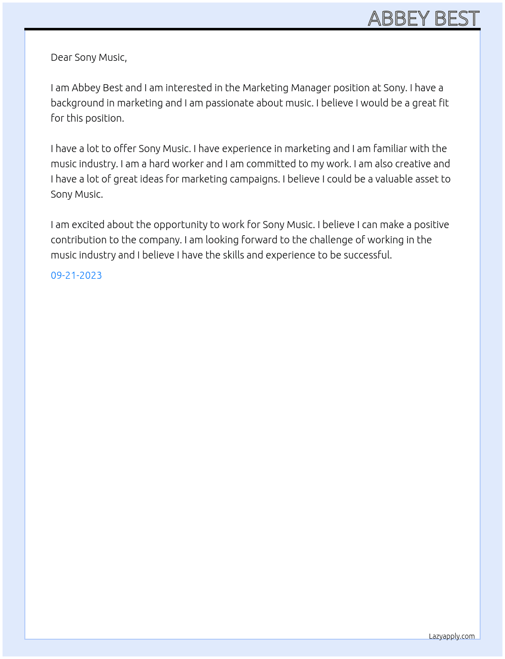 Marketing Manager At Sony Cover Letter