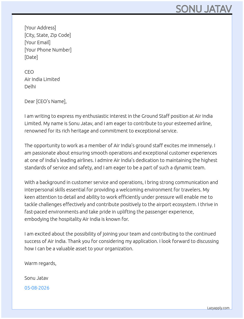 Cover letter for air india ground staff - LazyApply