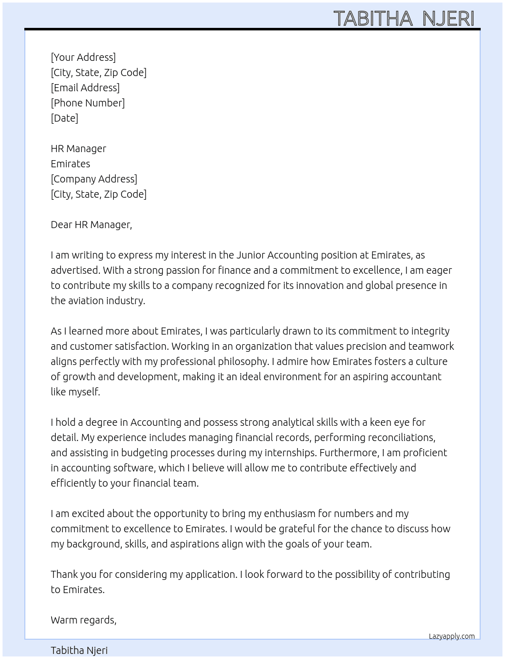 Cover letter for junior accounting job - LazyApply