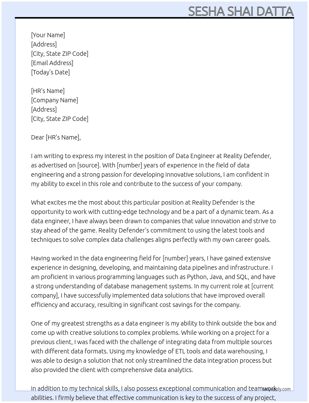 data engineer At Reality Defender Cover Letter