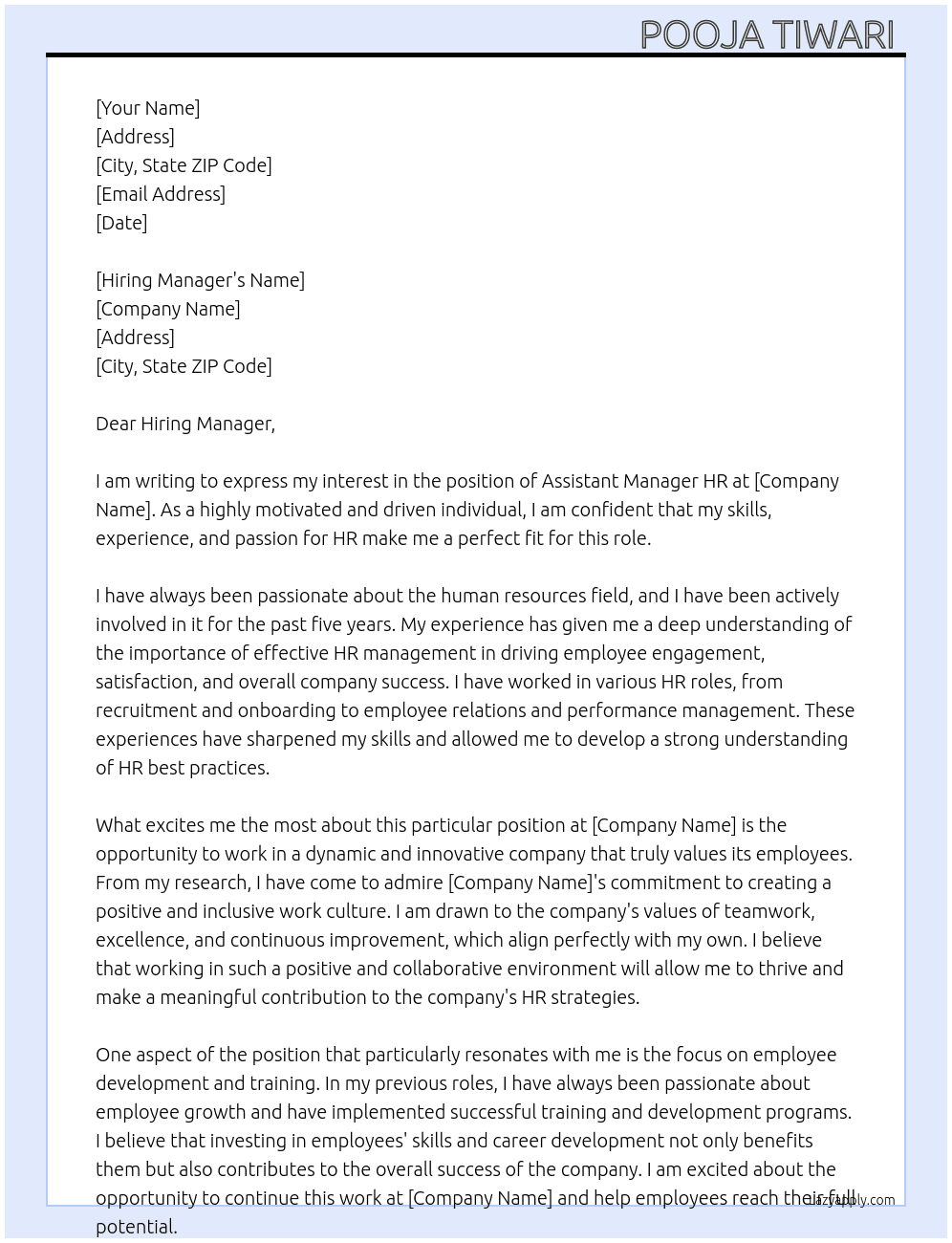 Assistant manager HR  At NA  Cover Letter