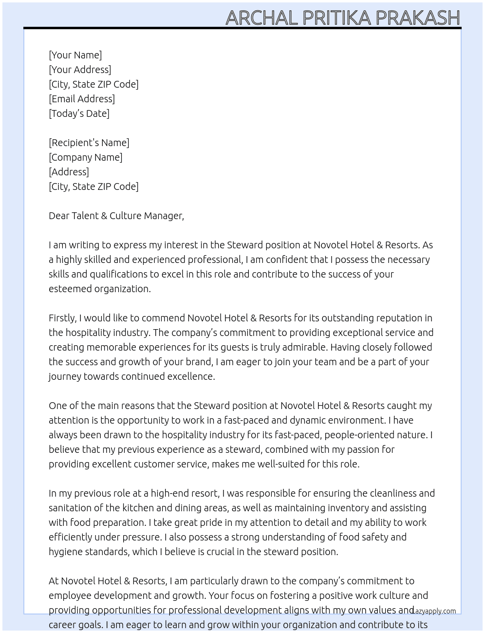 steward At Novotel Hotel & Resorts Cover Letter