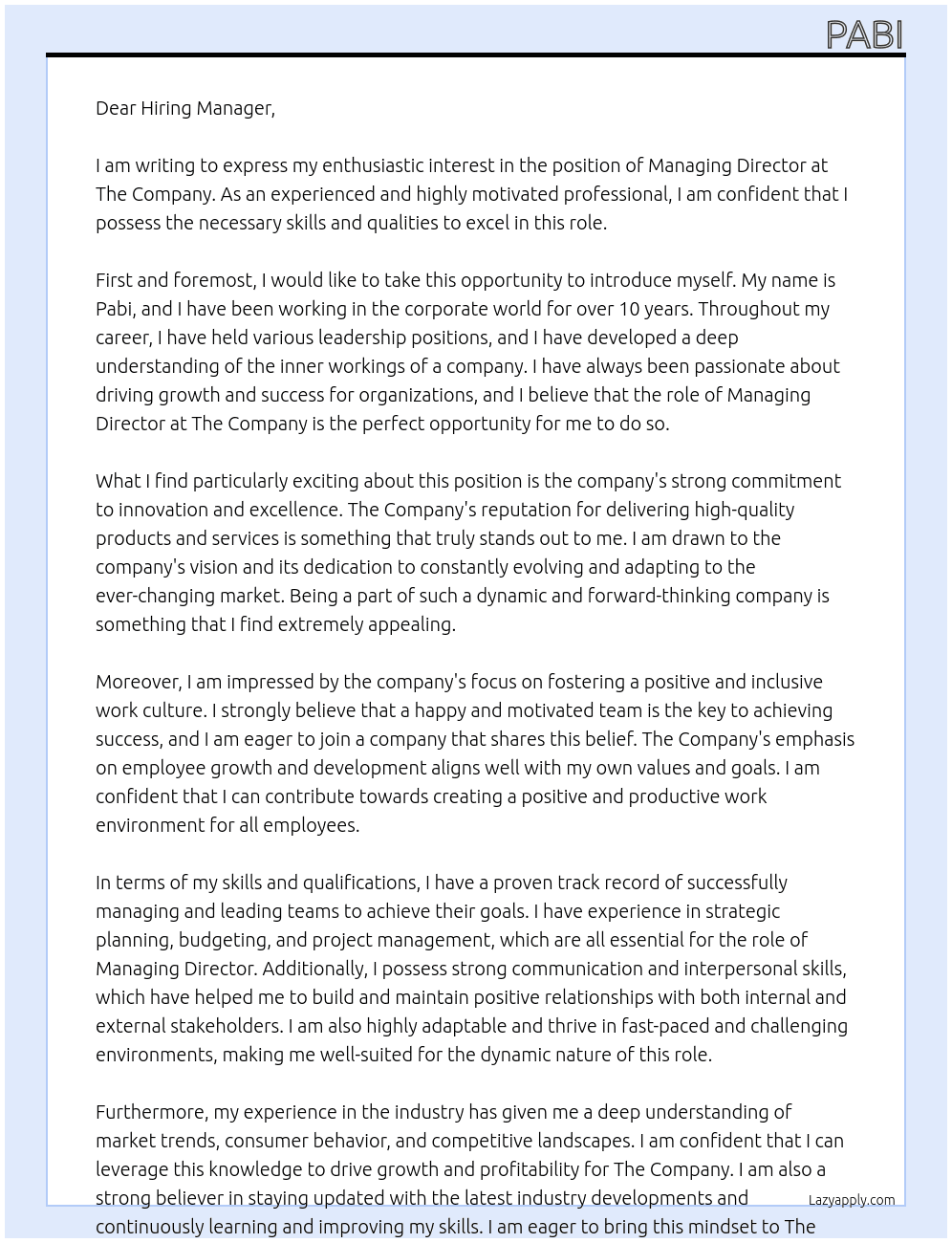 Managing Director  At The company Cover Letter