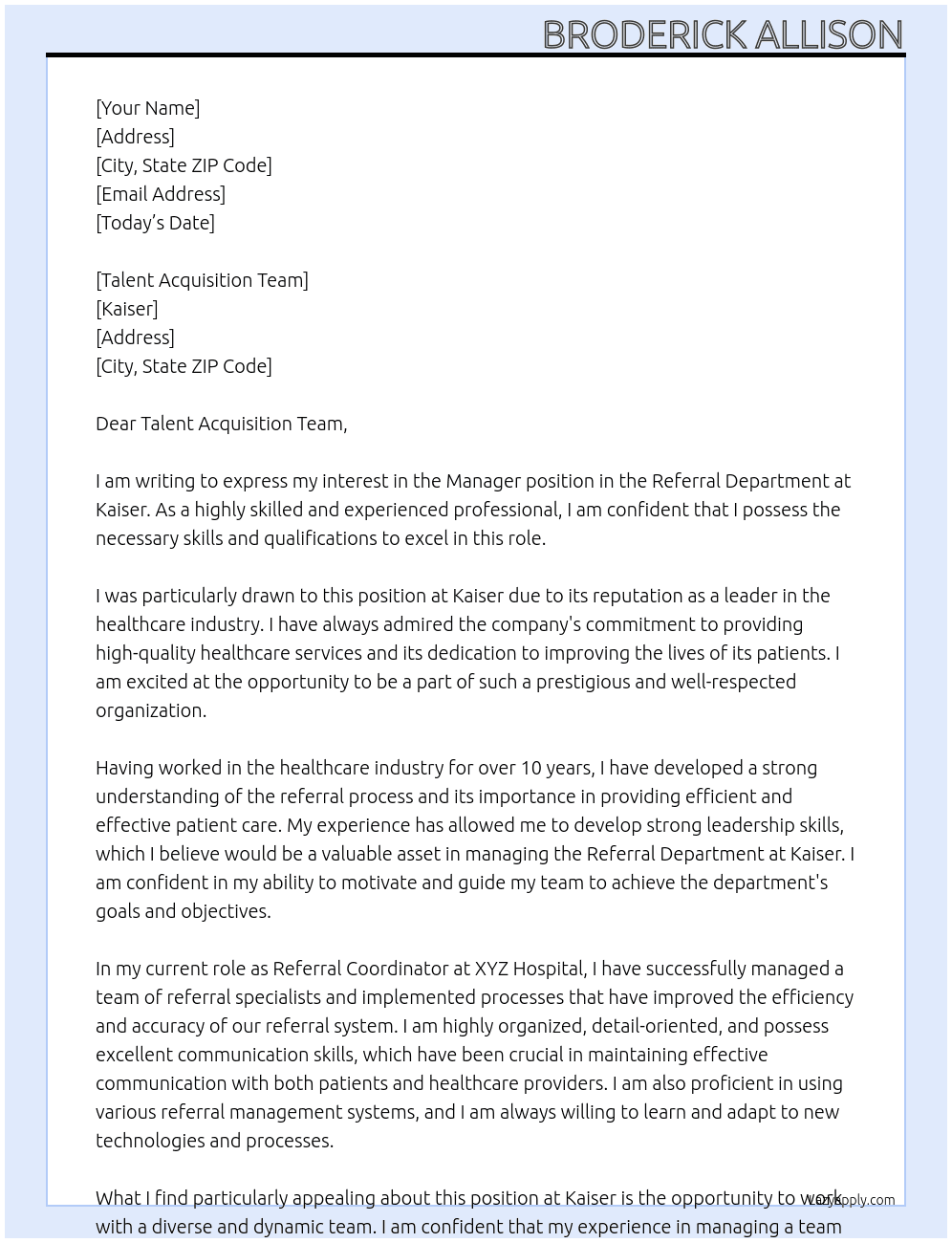 Manager, Referral Department At Kaiser Cover Letter
