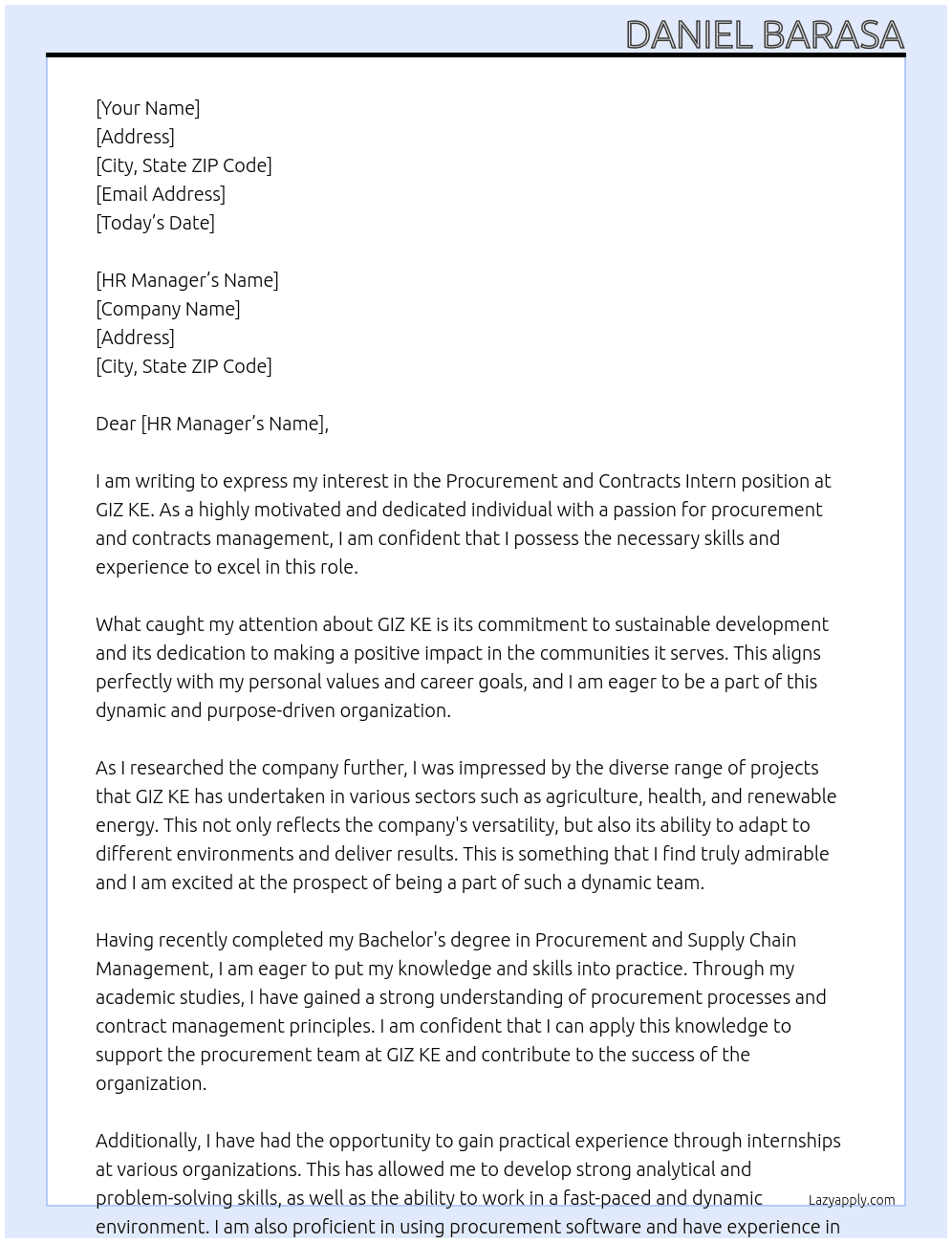 Procurement and Contracts Intern At GIZ KE Cover Letter