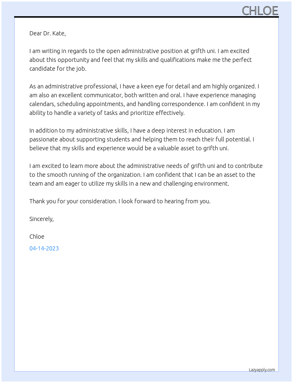 admin At grifth uni Cover Letter