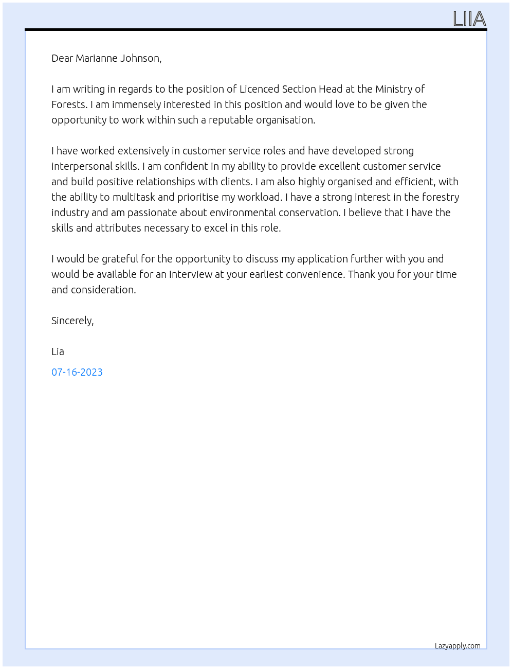 Licenced Section Head  At Minsitry of Forests  Cover Letter