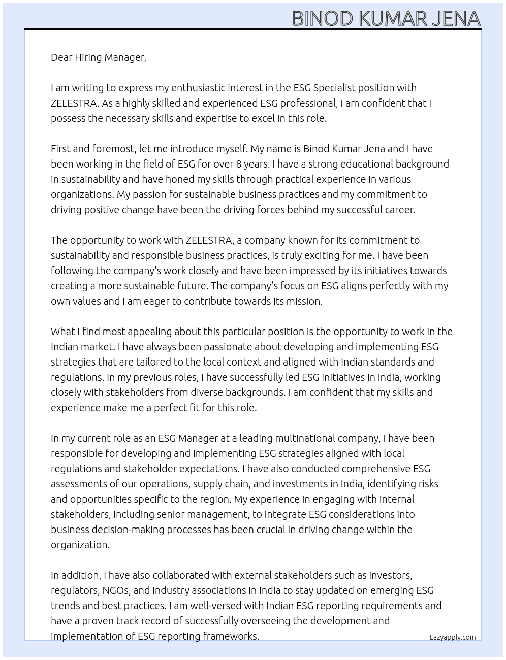 ESG Specialist At ZELESTRA Cover Letter