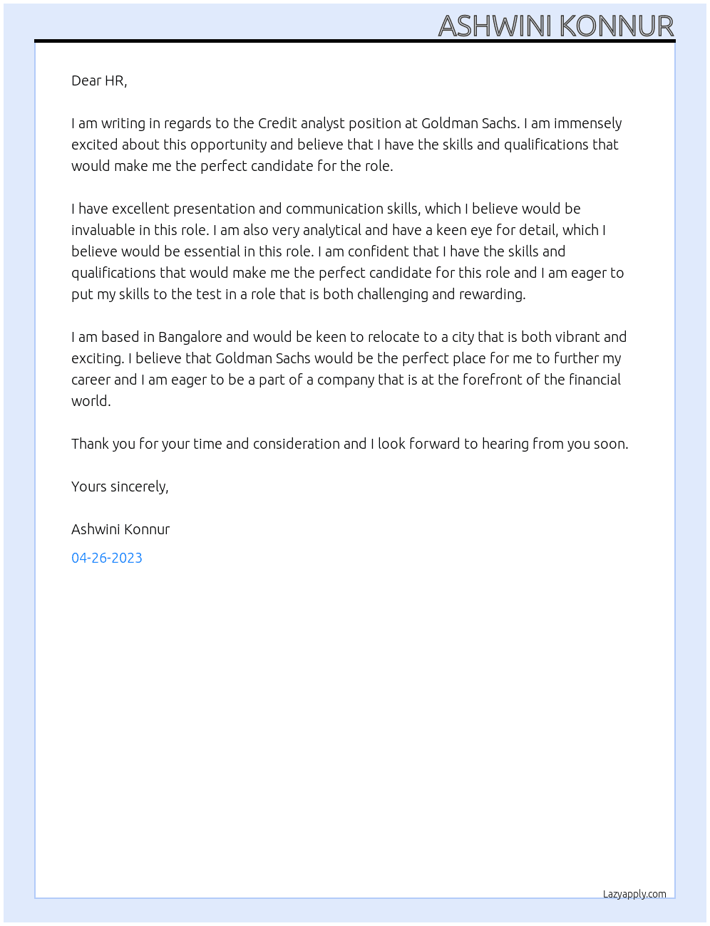 Credit analyst  At Goldman Sachs  Cover Letter