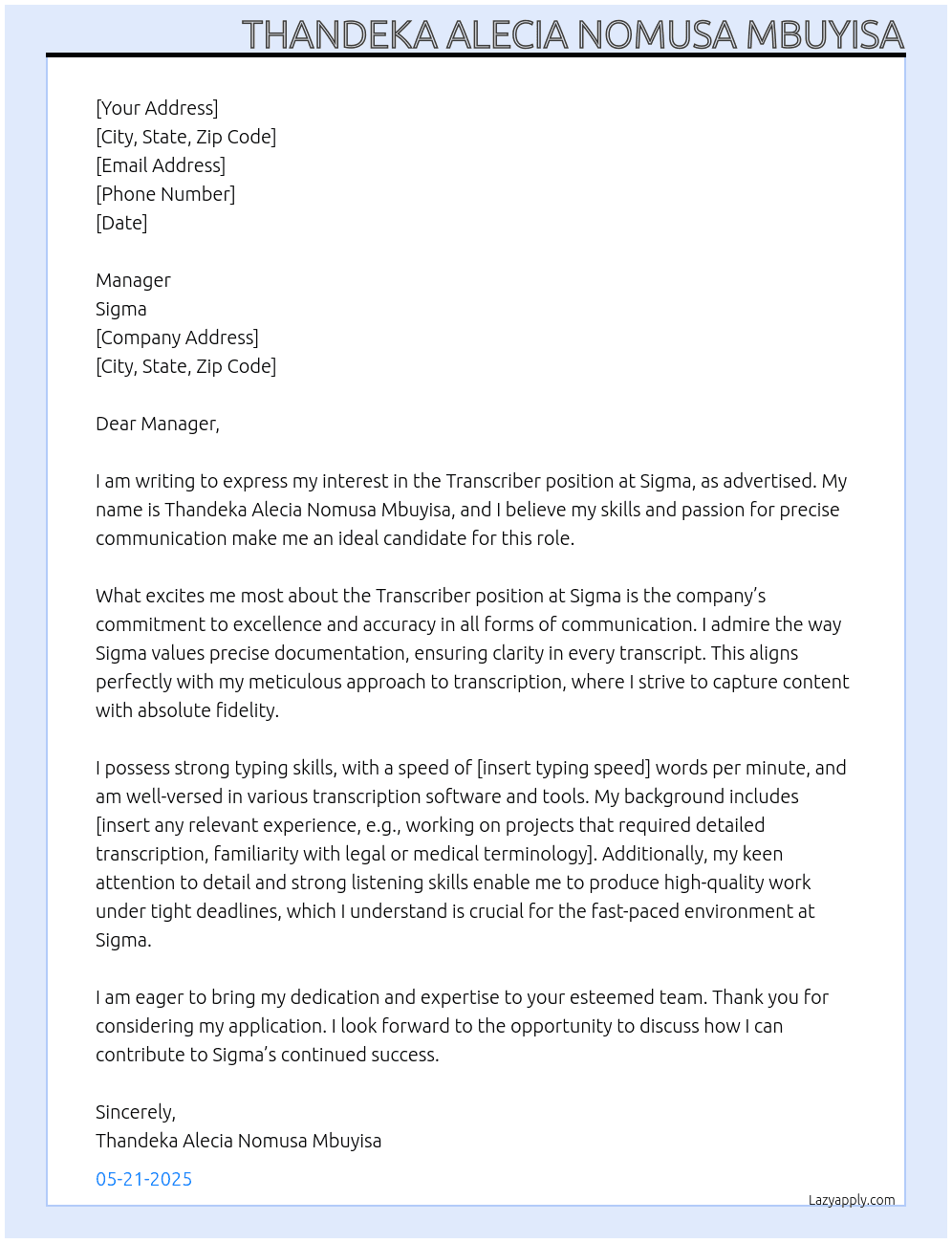 TRANSCRIBER At SIGMA Cover Letter