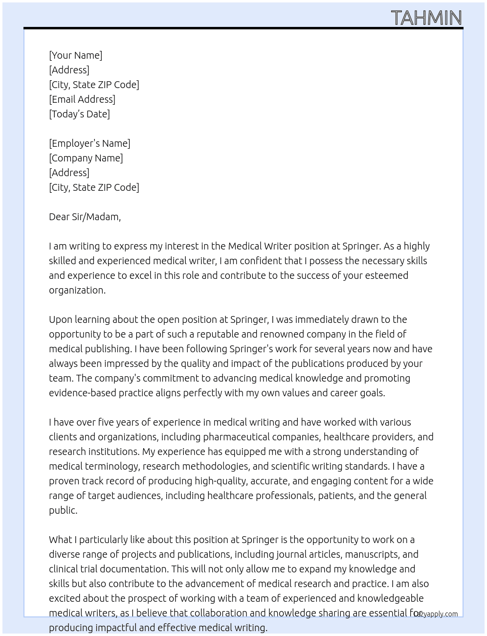 Medical Writer At Springer Cover Letter