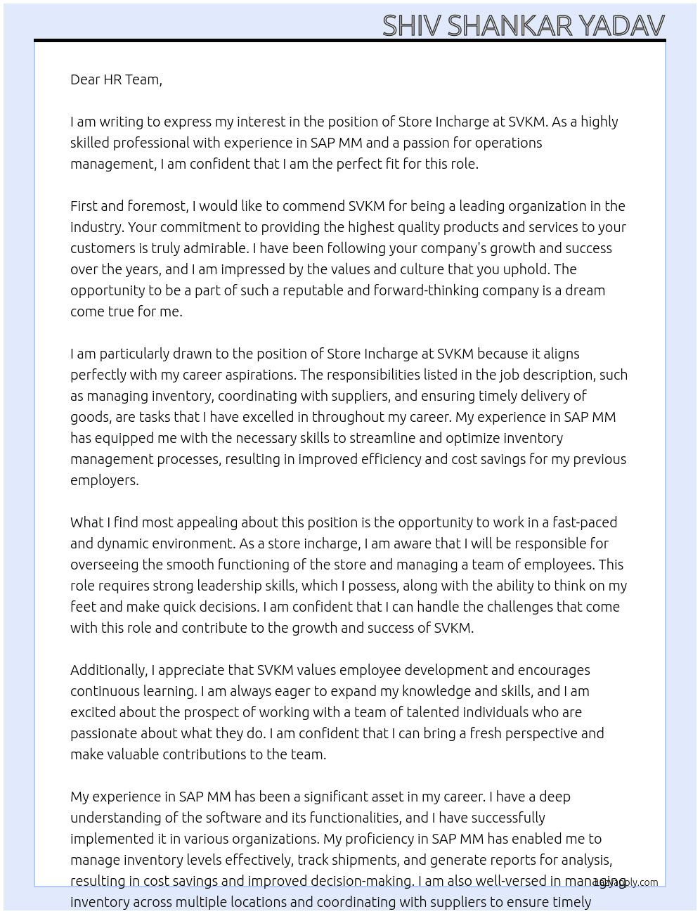 Store Incharge  At SVKM Cover Letter